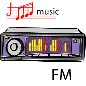 Clipart of an FM radio with a music note and the word 'music' above it.