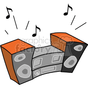 A colorful clipart image of a stereo system with speakers emitting musical notes.