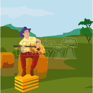 A cowboy wearing a hat is sitting on a stack of hay bales in an open field, playing an acoustic guitar.