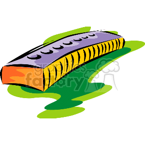 The clipart image depicts a colorful harmonica, a hand-held musical instrument played by blowing air through it to create a vibrant and melodious sound. The harmonica is shown resting on what seems to be a green shadow or a stylized representation of a surface beneath it.