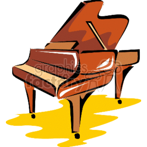 This image depicts a stylized cartoon of a grand piano in oranges and reds, placed over a yellow puddle-like shape, suggesting it could be on a stage with a spotlight or perhaps a reflection.