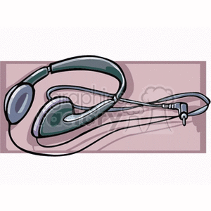 Illustration of a pair of headphones with a wired connection, set against a rectangular background.