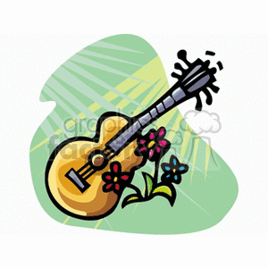 Clipart of an acoustic guitar with colorful flowers on a green abstract background.