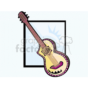 A stylized clipart image of an acoustic guitar with a decorative design, featuring a sunburst background.