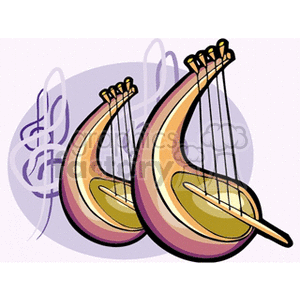 Illustration of two stylized lyres with musical notes in the background.