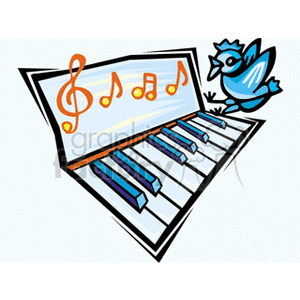 A colorful clipart image featuring a piano with orange musical notes and a treble clef, accompanied by a blue bird.