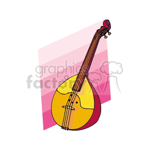 Illustration of a yellow and red stringed instrument with a pink background.