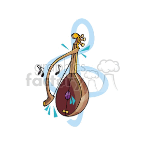 A whimsical clipart illustration of a stringed musical instrument resembling a lute or oud, with musical notes and a large treble clef in the background.