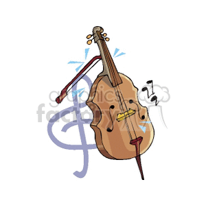 An illustration of a cello with a treble clef in the background, featuring musical notes.