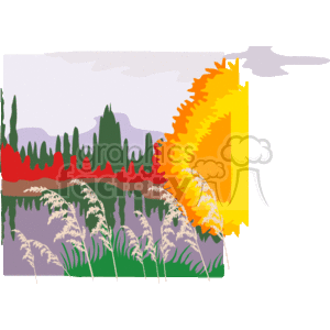 The image is a colorful, abstract representation of a landscape scene. It features:
- An abstract yellow and orange sun or flower-like shape on the right-side, with petal-like extensions.
- A range of purple mountains or hills in the background.
- A layer of red, possibly representing flowers or other vegetation, stretching across the middle.
- Green shapes that suggest trees or forest below the red layer.
- Tall grasses or reeds in the foreground, with brown stems and white feathery tops.