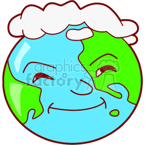 A cheerful cartoon Earth with a smiling face and fluffy clouds on top.