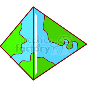 Clipart illustration of a diamond-shaped earth globe showing land and water masses.