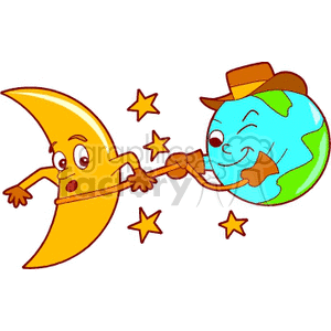 A whimsical clipart image featuring a cartoon Earth wearing a cowboy hat, lassoing a moon with a surprised expression. Stars are scattered around the characters.