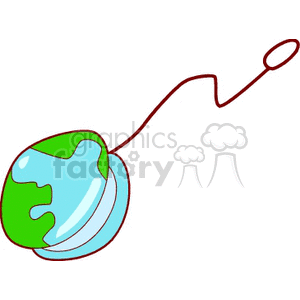 Illustration of a yo-yo designed to resemble a globe of the Earth with green continents and blue oceans.