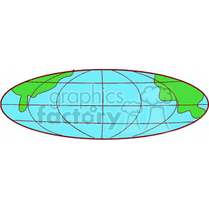 A clipart image of a simplified world map projection, featuring green landmasses on a blue ocean background.