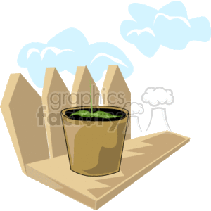 The clipart image depicts a scene of nature and springtime. It includes a wooden fence in the background, a pot containing a small green plant in the foreground, and fluffy clouds in the blue sky above. The image represents the concept of growth, spring, and gardening.