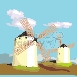   The clipart image features two traditional windmills with spinning blades, set against a backdrop of a blue sky with a few white clouds. It