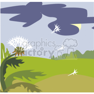   This clipart image features a stylized landscape with several elements related to weather and nature. There are dark clouds in the sky, indicating an overcast or stormy weather scenario. In the background, the sun is partially hidden behind the clouds. Snowflakes are falling from the sky, suggesting that it may be snowing. The landscape includes green fields, representing the country or rural environment. There