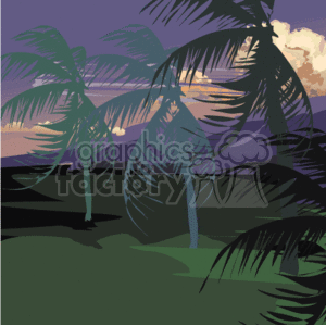   The image appears to be a stylized depiction of a tropical scene during dusk or twilight. There are silhouette outlines of palm trees in the foreground, suggesting a warm climate or island destination. The color scheme indicates it
