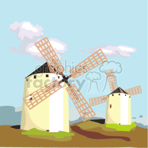 The clipart image shows two traditional windmills with rotating blades. These windmills are set against a light blue sky with scattered white clouds. The ground is depicted in shades of brown and green, suggesting an outdoor, natural setting.