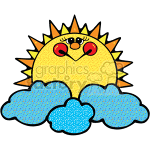 The clipart image shows a stylized sun with a friendly face, including eyes and lips, peaking above fluffy blue clouds. The sun has pointed rays extending outward, and the clouds have a speckled texture. This image conveys a cheerful summer vibe and might be used to represent sunny weather, happiness, or a warm season.
