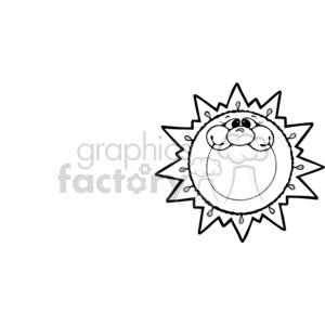 The image depicts a stylized representation of the sun with a cheerful face, featuring closed eyes and a contented smile. The sun has rays extending outward, which is a common way to illustrate sunshine or sunny weather in a playful and approachable manner. The clipart is black and white, making it suitable for coloring or monochromatic design themes.