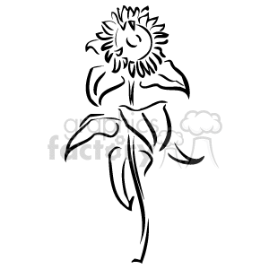 The image is a black and white outline clipart of a sunflower. The sunflower has a large, detailed center with numerous petals and is attached to a stem with leaves.