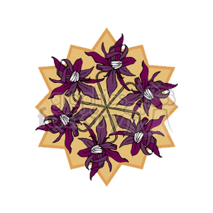 Illustration of purple flowers arranged in a circular, star-shaped pattern.