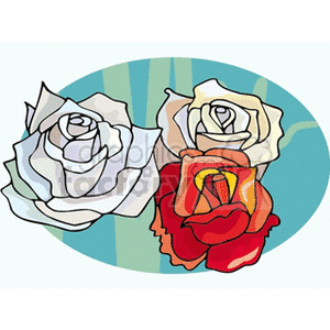 A clipart image featuring three stylized roses in shades of white and red against a blue background.