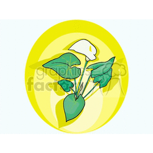 A stylized clipart image of a green plant with a single white flower set against a yellow circle background.