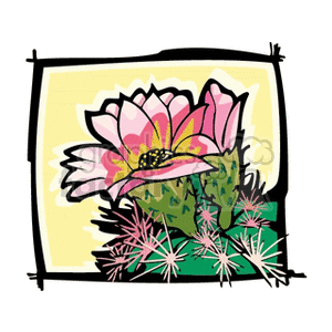 A colorful clipart image of pink flowers with green leaves, set against a yellow background.