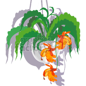 The image is a clipart illustration of a hanging potted plant with dangling flowers. The plant has long green leaves and vibrant orange flowers, which appear to have spotted patterns on the petals. There seems to be some shading behind the plant, possibly indicating a wall or surface behind it.