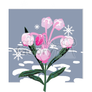   The clipart image depicts a bunch of pink and white flowers with green leaves, set against a gray background suggestive of a winter sky. There are snowflakes falling around the flowers, indicating that it