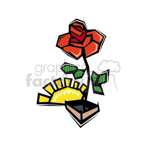 A stylized clipart image featuring a red rose with green leaves beside a shining sun.