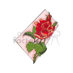 A clipart image of a red rose with green leaves.