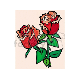 Clipart image of two stylized red roses with green leaves.