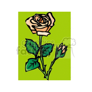 Clipart image of a blooming rose with leaves on a bright green background.