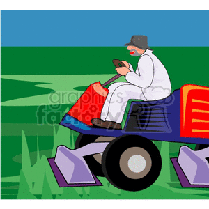 Cartoon Gardener Riding Lawn Mower in Garden