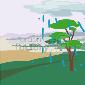 The clipart image depicts a stylized scene of nature where rain is falling on a landscape. The image features a tree with green leaves in the foreground, suggesting it could be springtime. The rain is represented by blue vertical lines that cover the length of the image, implying a steady rain shower. In the background, there are rolling hills or mountains and a subdued color palette, which could indicate the overcast sky typically associated with rainy weather.