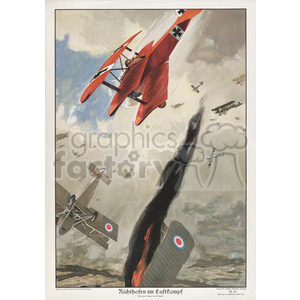 The clipart image depicts World War I era fighter planes engaged in an aerial dogfight. The central focus is on two red aircraft, likely representing the famous fighter planes used by the Red Baron, amidst smoke and other aircraft in the sky.