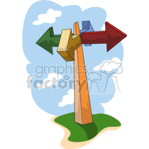 This clipart image features a cartoon-style directional signpost with three arrows pointing in different directions: left, right, and straight ahead. Each arrow is a different color (green, yellow, and red) and has a unique shape, possibly to indicate different destinations or choices. The post is standing on what appears to be a small patch of grass, and there is a background of blue sky with white clouds.
