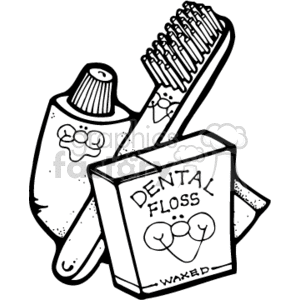 The clipart image contains a toothbrush, a tube of toothpaste, and a box of dental floss. The clipart is presented in a simple, hand-drawn, black and white style typical for quick and easily reproducible graphics.