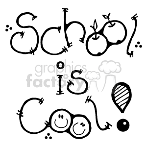 This clipart image features a whimsical, country-style hand-drawn typography that spells out School is Cool. It includes illustrations of apples, which are commonly associated with education and teaching. The apples appear to be playfully integrated into the design of the letters, with some letters taking on the curved shape of apples. There are also decorative elements like dots and a pencil included in the image, enhancing the educational theme.