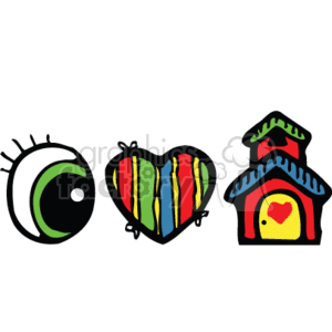 The clipart image features three distinct elements. From left to right, there is a stylized human eyeball graphic, a heart with multiple colors and patterns, and a cartoonish house with a red roof, a chimney, and a yellow heart shape in the center, likely representing a window or a decorative element. The house appears to be in a simplistic, country-esque style.
