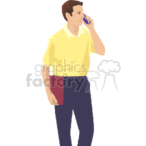 A Man Talking on a Cell Phone Holding a Book