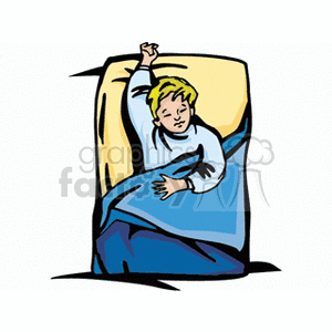 A little boy in bed with a blue blanket
