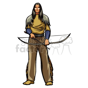 Illustration of a Native American man with long hair holding a bow, dressed in traditional attire.