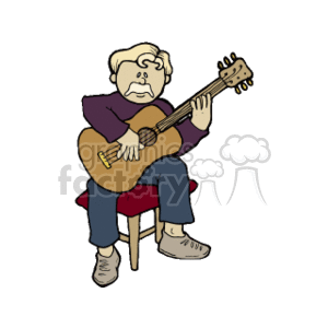This is an image of a stylized man sitting on a stool and playing an acoustic guitar. He appears to be focused on his playing.