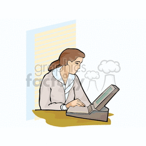 A clipart of a woman working in an office setting, using a computer or typing device, indicating a business or secretarial role.