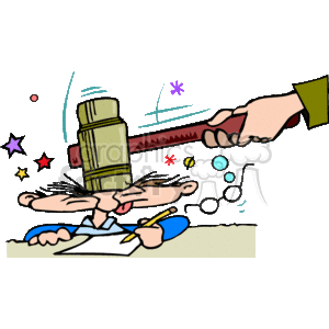   The image appears to be a colorful, whimsical clipart illustration depicting a comically exaggerated scene related to law or judgement. It features a caricatured person with a gavel or hammer being smashed down towards their head, while they look quite strained and shocked, holding a pen and paper, possibly writing a document. The hammer or gavel is held by a hand that appears to be forcefully bringing it down. There are stars and squiggly lines around the person